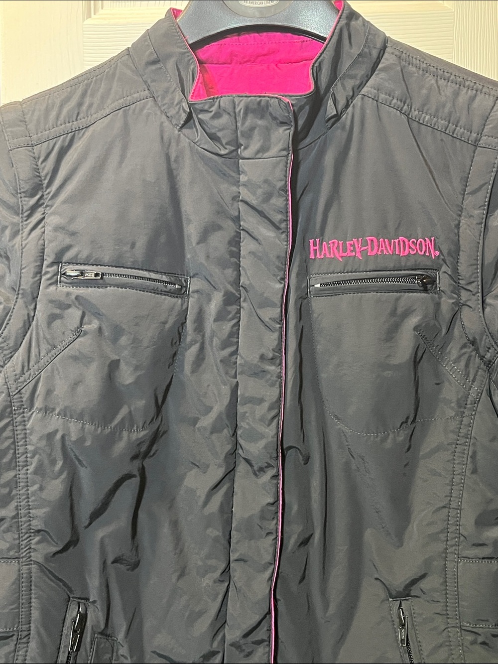 HARLEY DAVIDSON Black & Pink Reversible Med Weight Coat &/or Vest Women’s Large - Picture 3 of 16